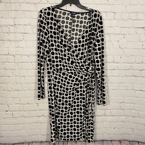 Chaps Womens Dress Large Black Print Long Sleeve Faux Wrap Stretch